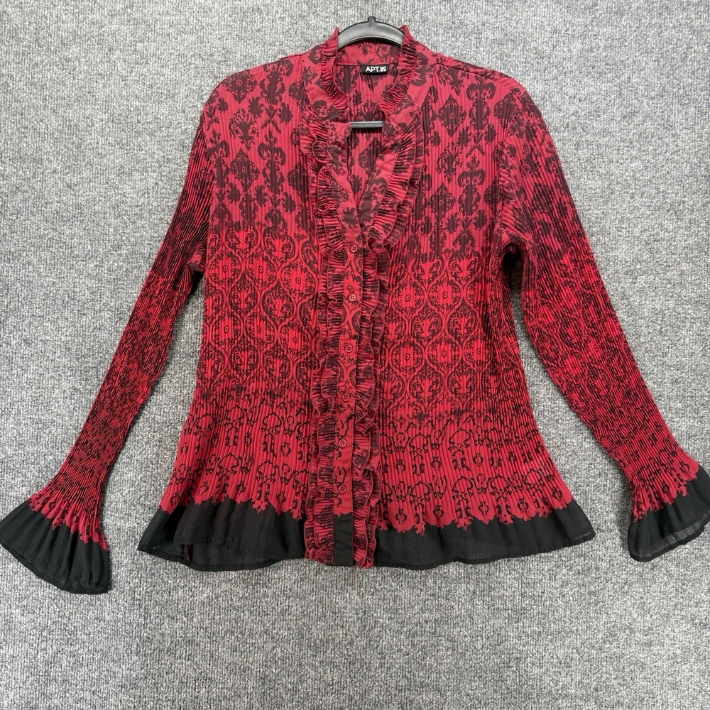 Womens Top Size XL Red Black Floral Crinkle Button Up Ruffle Whimsigoth Y2K Vamp